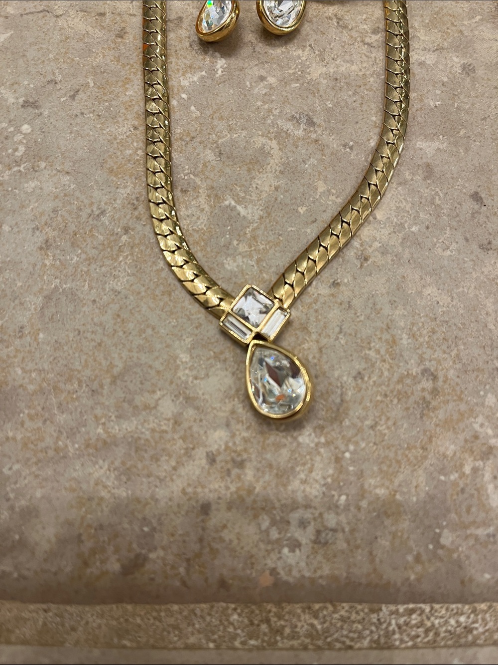 Vintage Gold with Clear Stone Necklace and Earrings - Picture 3 of 6